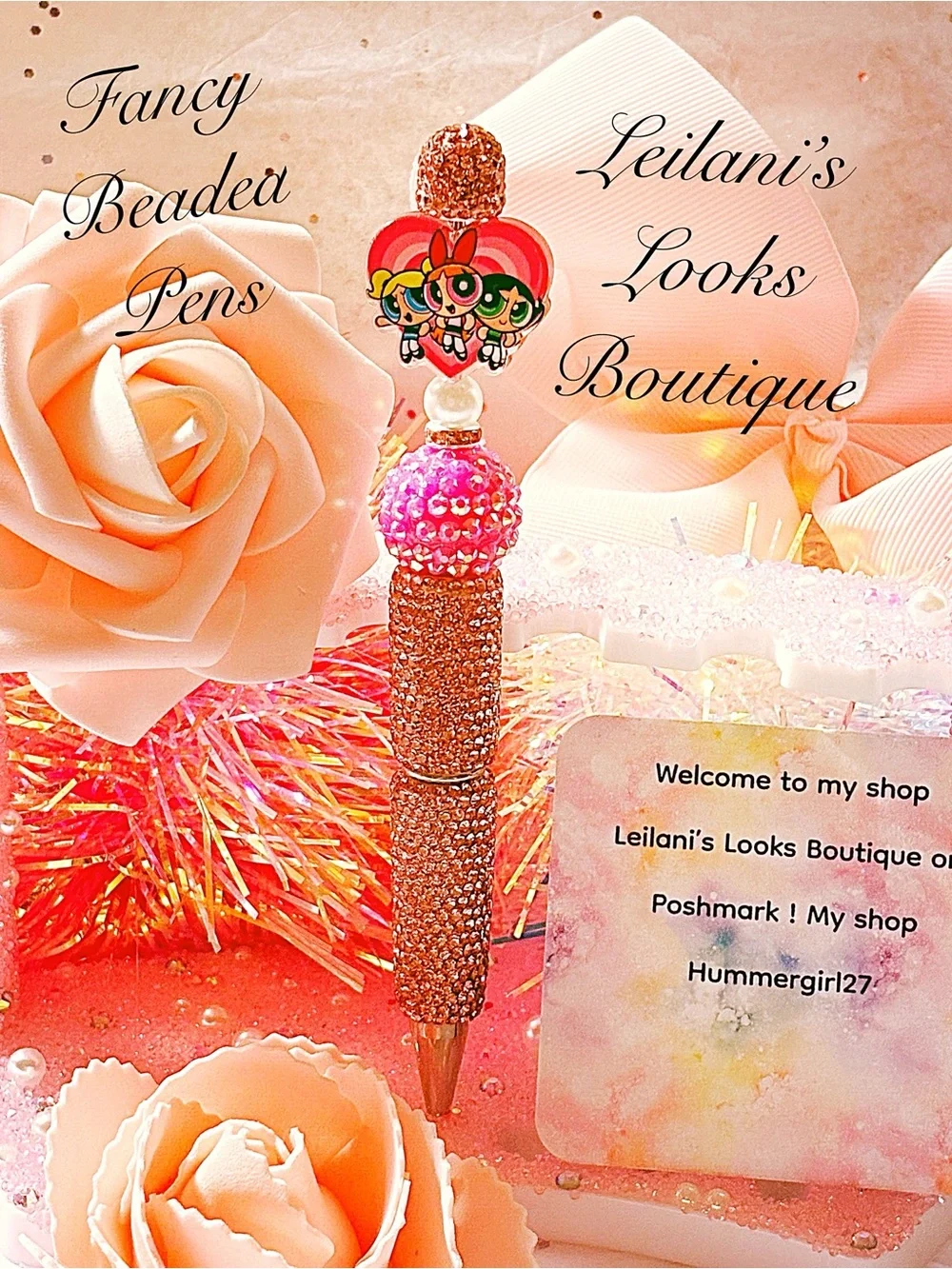 Pink Beaded Rhinestone Pen/power puff girls/pink beads